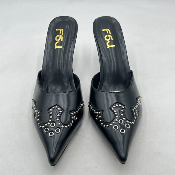 FSJ Black Gorgeous Studded Pointed Toe Mules Stiletto High Heel Slip On Shoes - Picture 3 of 8